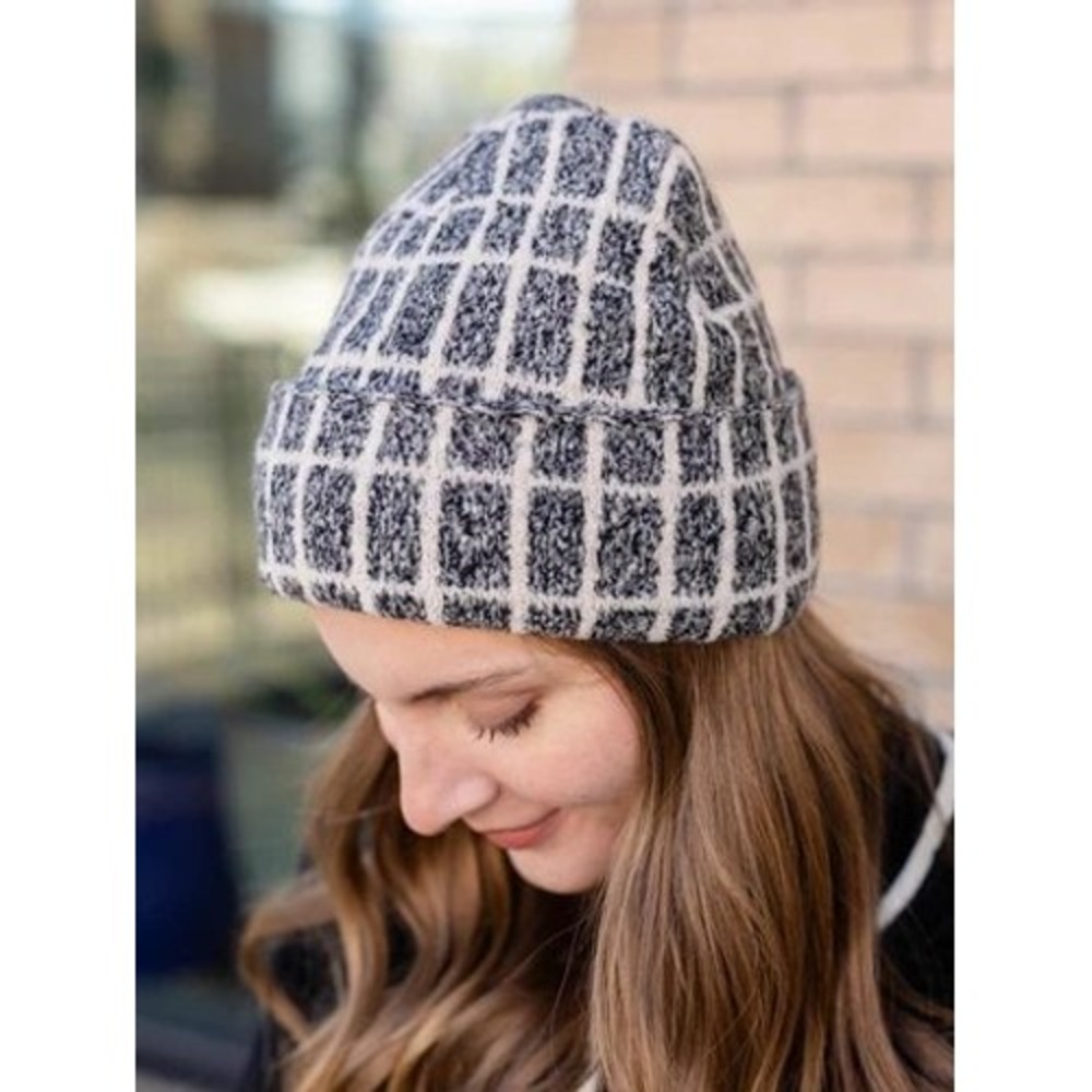 Varley Noel Knit Beanie Checkered Gray Ivory NWT